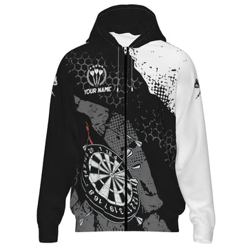 Retro Darts Hoodie met Rits en Zwart-Wit Patroon