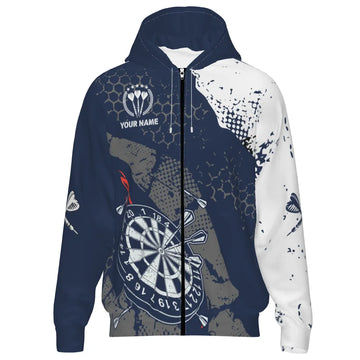 Retro Darts Hoodie met Rits in Marineblauw en Wit Patroon W767