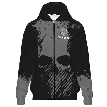 Skull Darts Hoodie met Rits in Zwart-Grijs met Grunge Effect R302