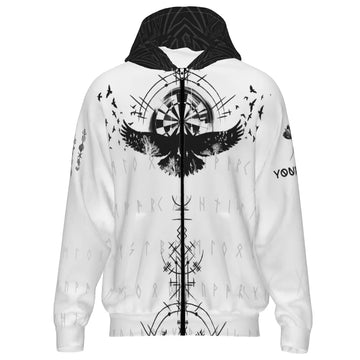 Witte Dart Rits Hoodie "Noordse Raaf", Viking en Raaf Motief vk8302