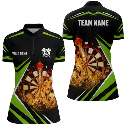 Women's Black Green Flame Darts Quarter Zip Shirt L1389