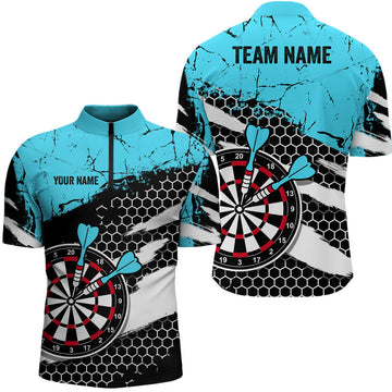 Blue Grunge Hive Pattern Darts Quarter-Zip Shirts | Custom Dart Team Jerseys V1112
