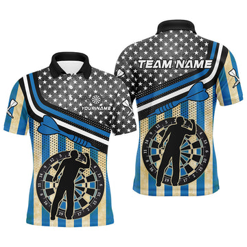 Op maat gemaakte Blauwe Retro Amerikaanse Vlag Darts T-shirt voor Mannen T1992