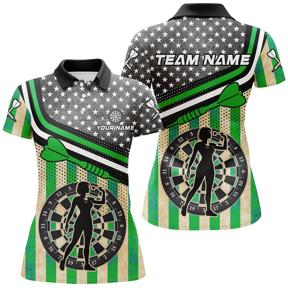 Dames Retro Darts T-shirt met Groene Amerikaanse Vlag T1993