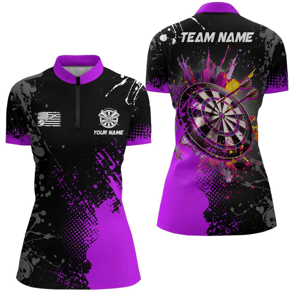 Purple 3D Dartboard Women Quarter-Zip Shirt - Custom Darts Jersey Attire T1499