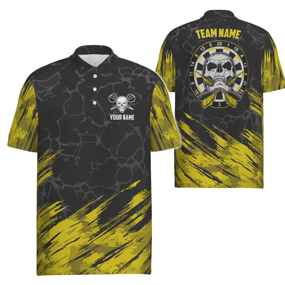 Heren Polo Shirt met Gele Zwarte Doodskop voor Darten F918