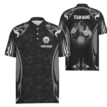 Heren Polo Shirt met Doodskop en Grim Reaper - Zwart/Grijs T6890