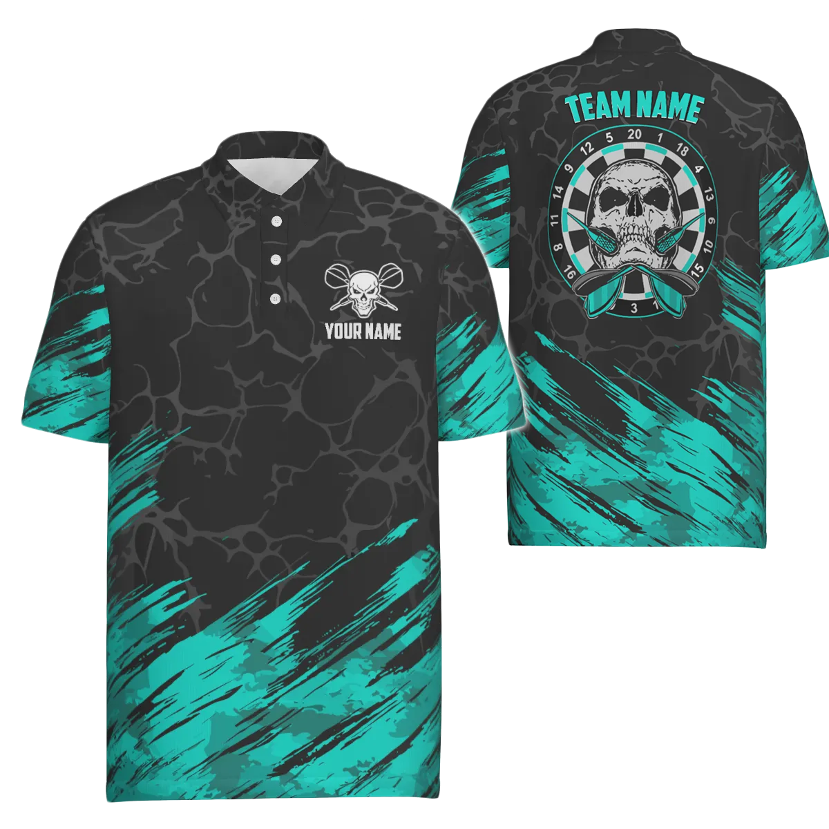 Heren Polo Shirt met Darts en Skull in Turquoise en Zwart F916