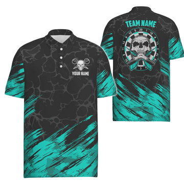 Heren Polo Shirt met Darts en Skull in Turquoise en Zwart F916