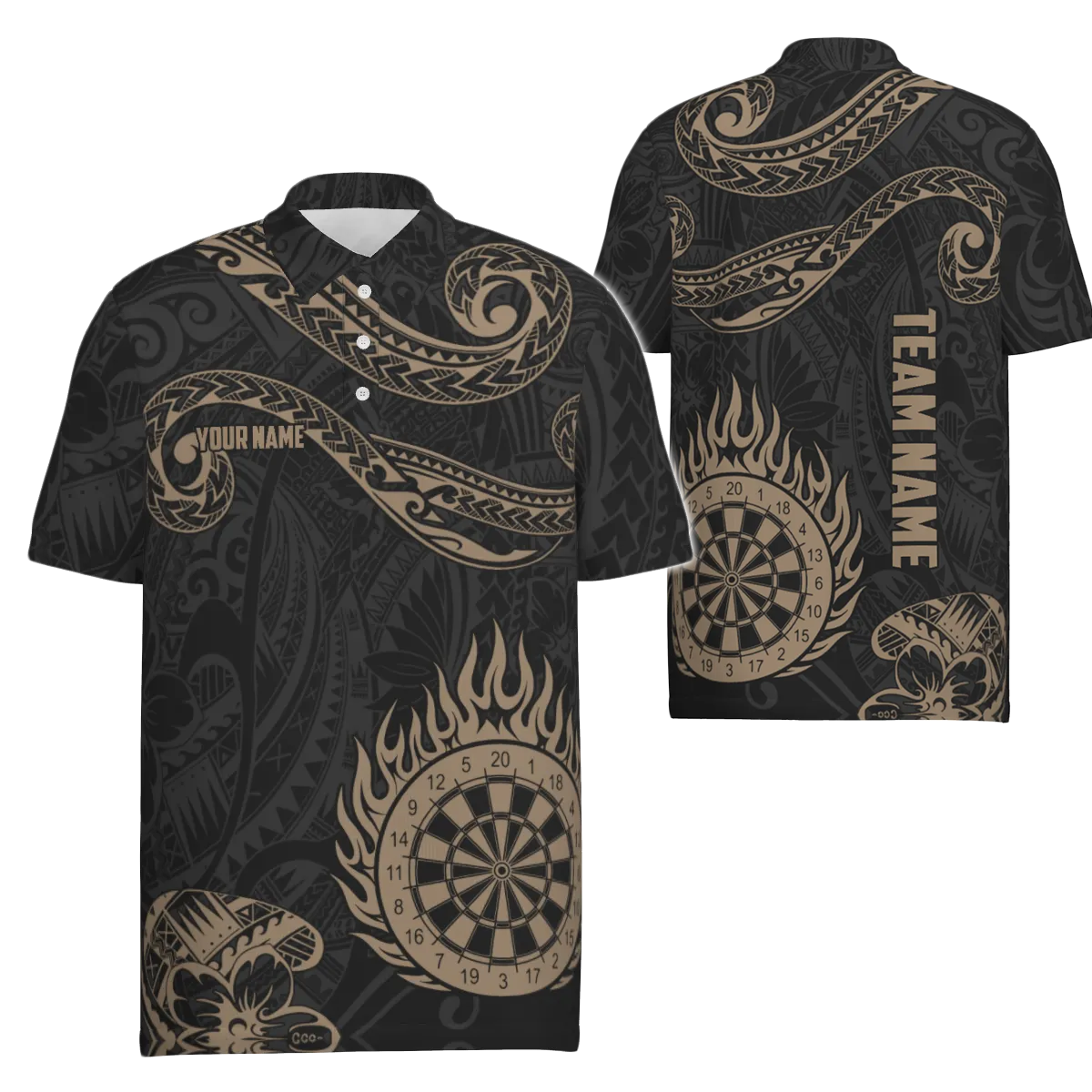 Heren Polo Shirt met Gouden Hawaïaanse Tribal Vlammen Y732