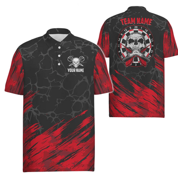 Heren 3D Darts Polo met Skull in Rood en Zwart H6162