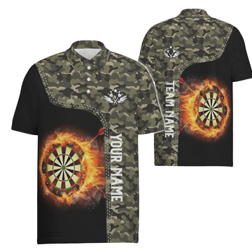 Heren Polo Shirt met Groene Camouflage en Vlammen Y479