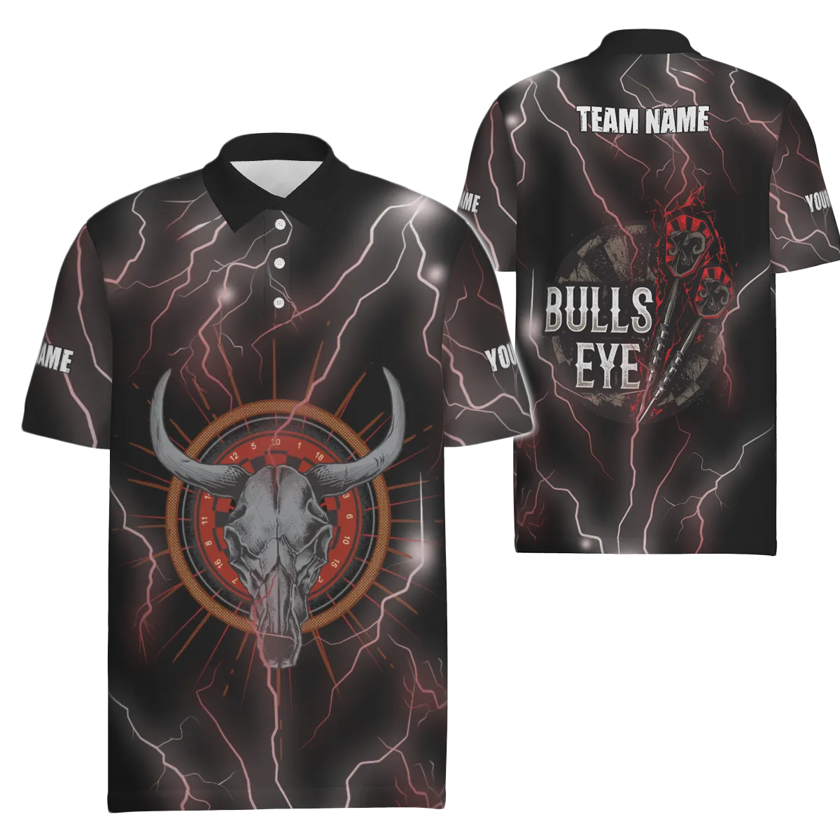Heren Darts Polo met Rode Bliksem Stierenschedel I15