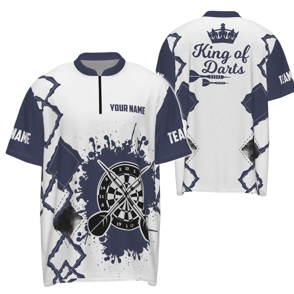 Heren Darts Poloshirt met Rits in Marineblauw en Wit O983