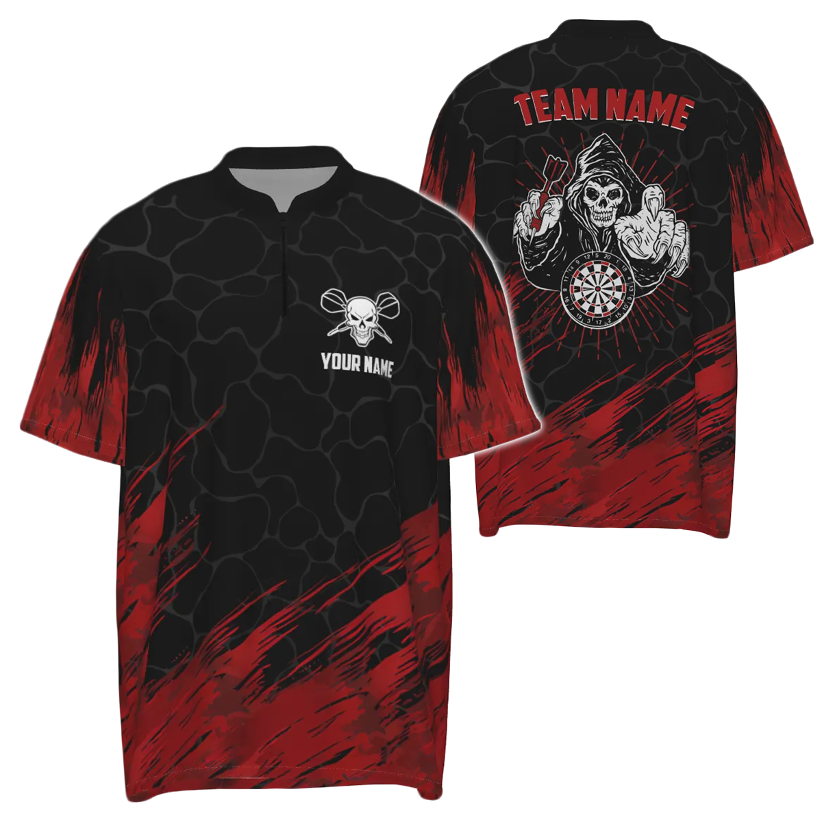 Heren Rood Zwart 3D Skull Darts 1/4 Zip Trui Q208