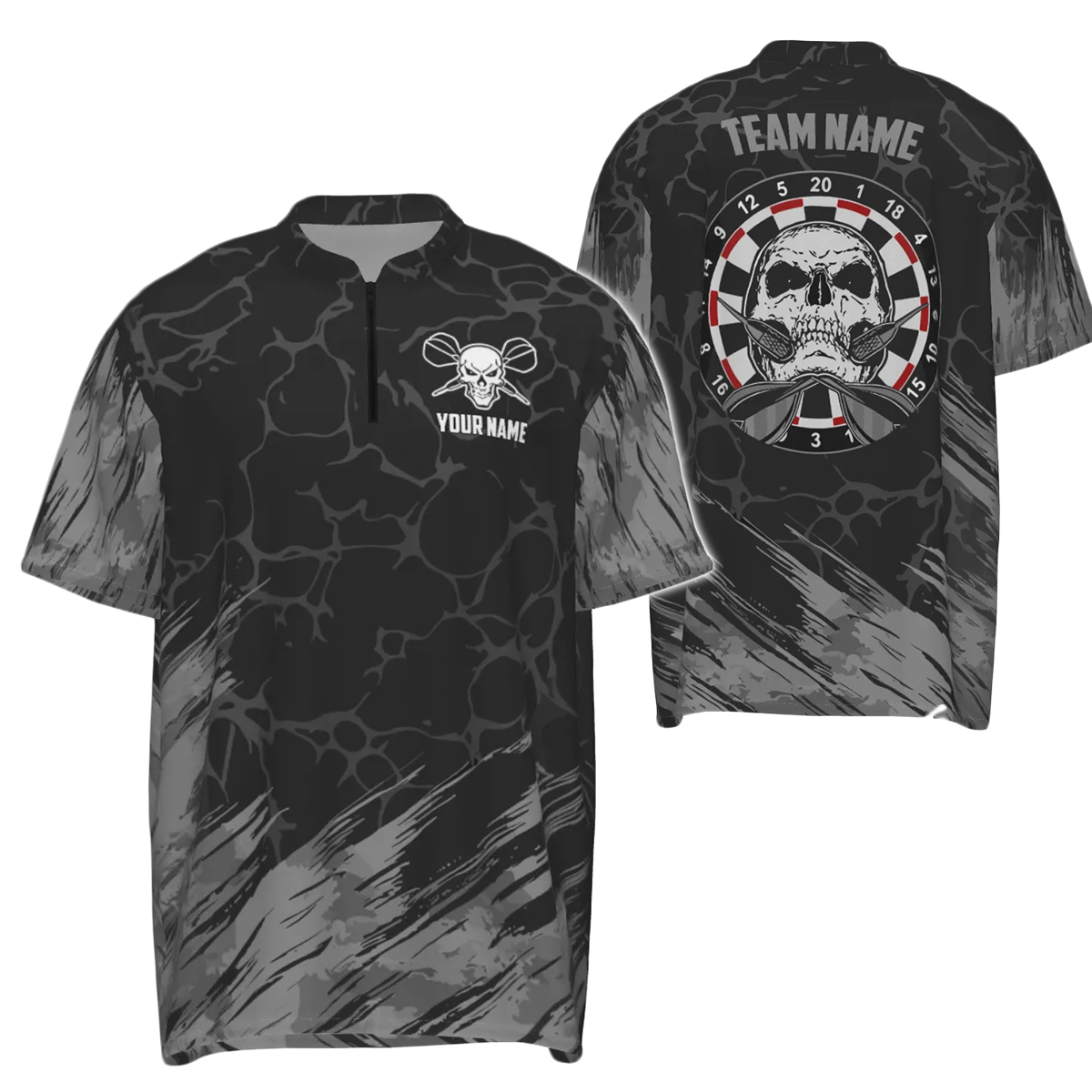 Heren Dartshirt met Grijs-Zwart Skull Design F917