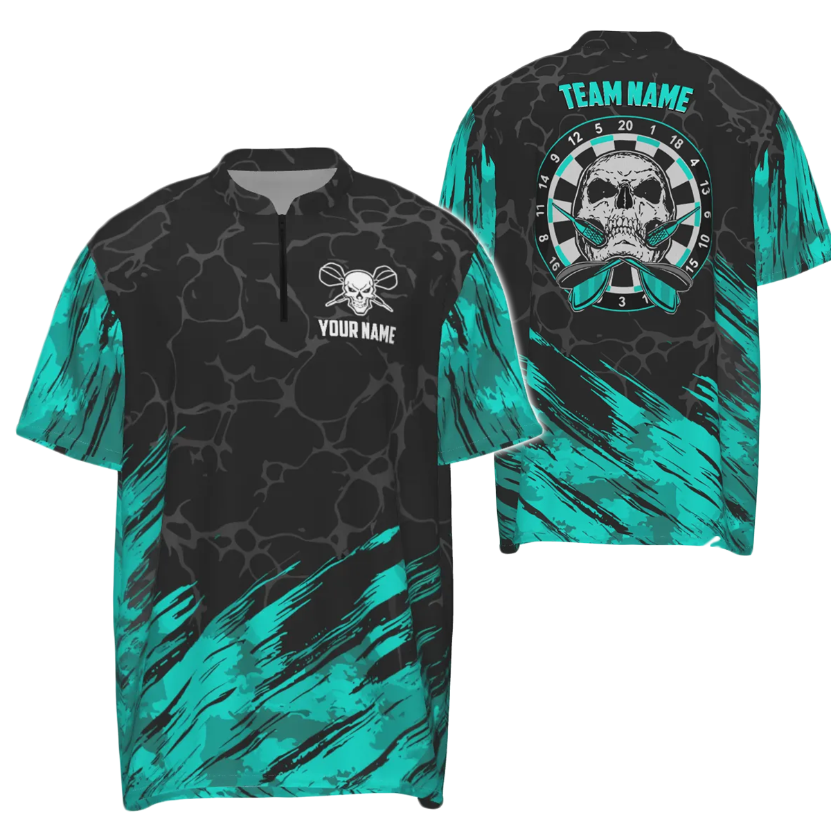 Heren Darts Shirt met Turquoise Zwart Skull Design - 1/4 Rits F916z