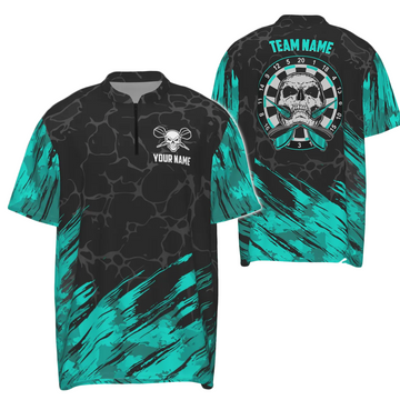 Heren Darts Shirt met Turquoise Zwart Skull Design - 1/4 Rits F916z