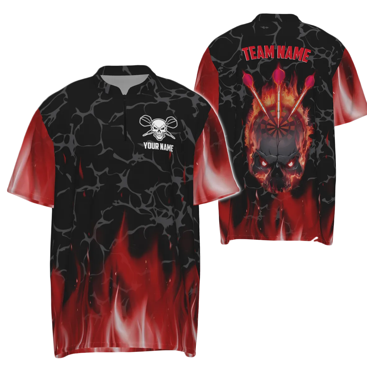 Heren Dartshirt met Schrikwekkende Skulls en Rode Vlammen K298