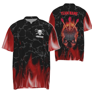 Heren Dartshirt met Schrikwekkende Skulls en Rode Vlammen K298