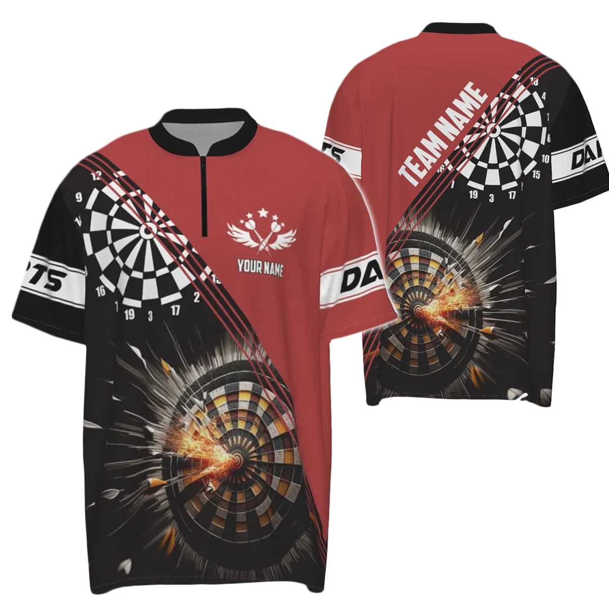 Heren Dartshirt met Kwartrits in Zwart en Rood S2721
