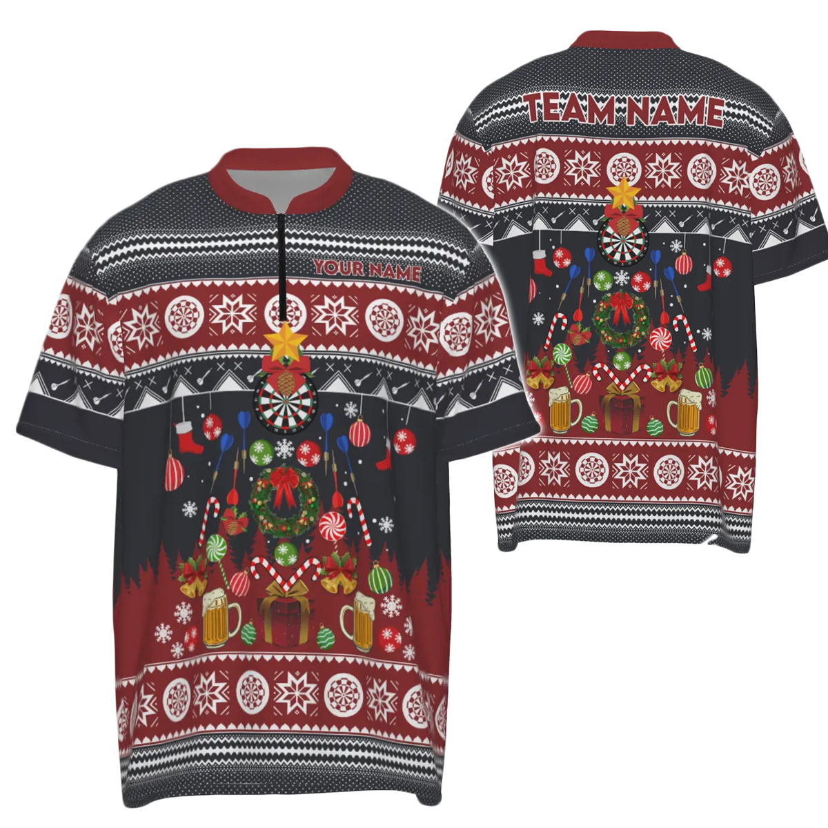 Heren Kerst Darts Poloshirt met Rits V118