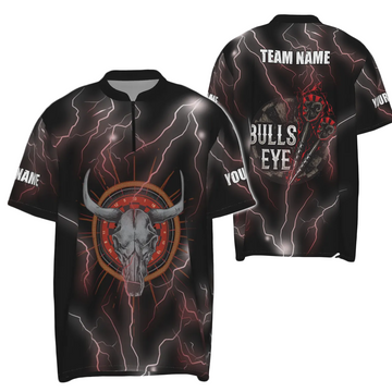 Heren Bulls Eye Darts 1/4 Zip Shirt - Rode Bliksem Stier Skulldesign I15
