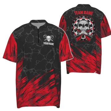 Heren 3D Skull Dartshirt met Rits in Rood en Zwart H6162