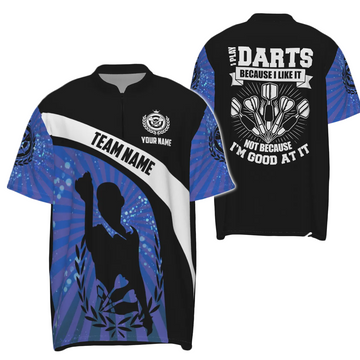 Heren Blauw Gestreepte Dart Kwart-Ritssluiting Shirt met Halo Ontwerp M763