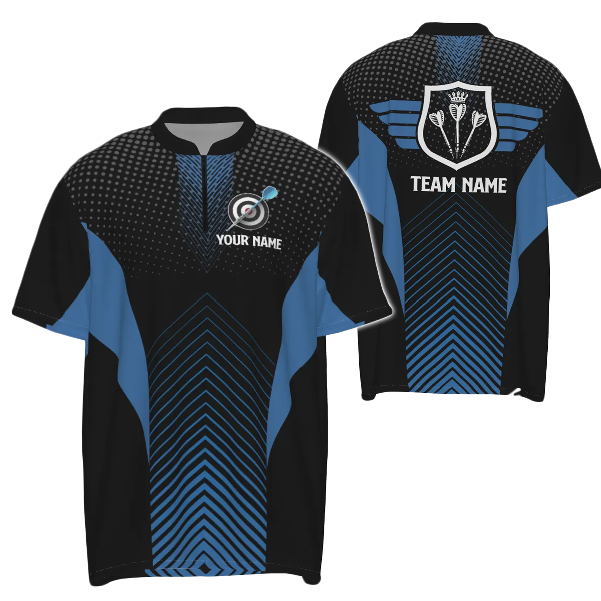 Heren Geometrisch Dartshirt met Halve Rits in Zwart en Blauw G742