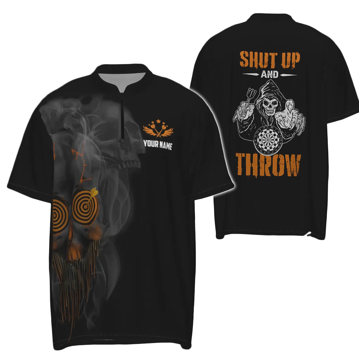 Heren Halloween Oranje Skull Darts 1/4 Zip Shirt Y415