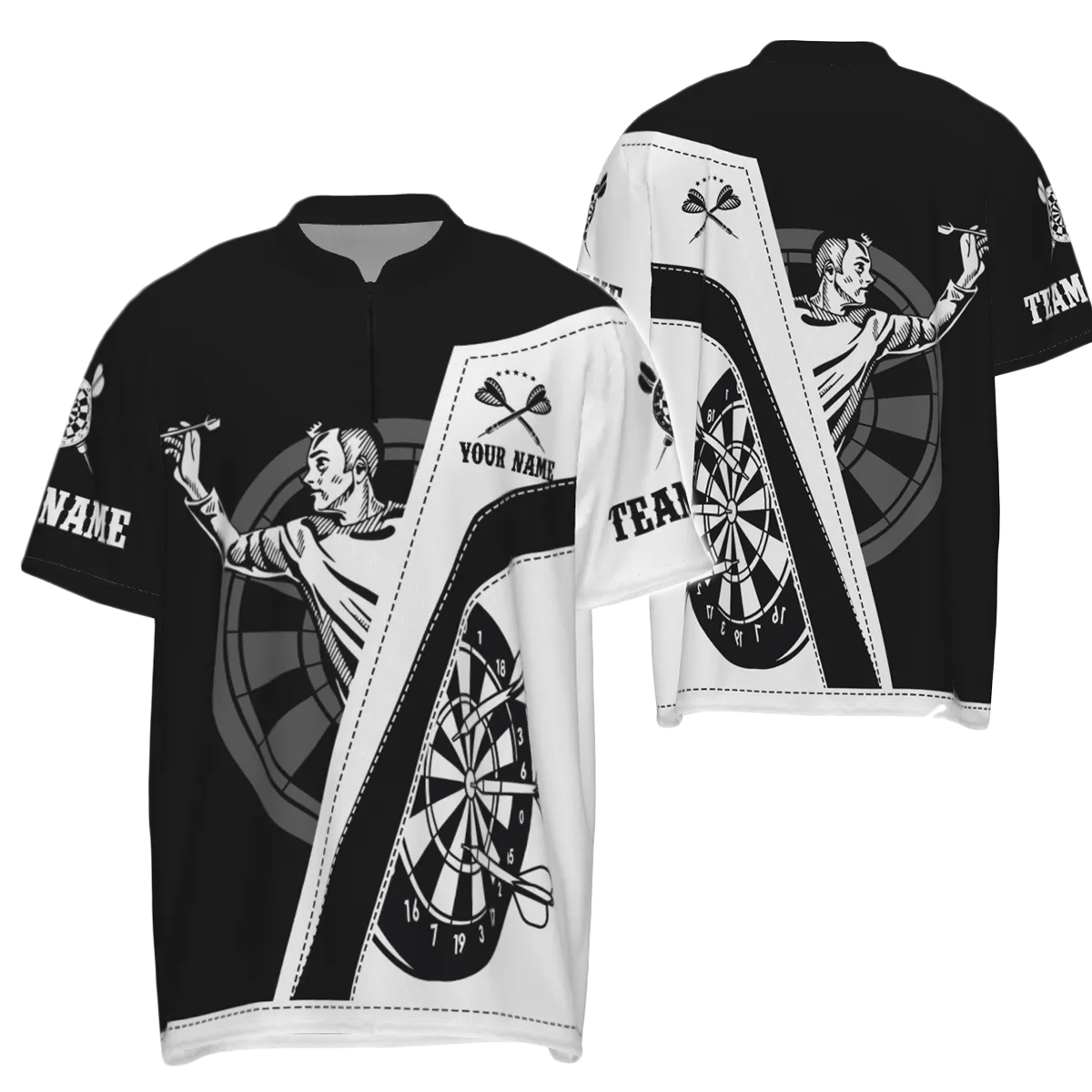 Heren Dartshirt met Zwart-Wit Print en Rits D683