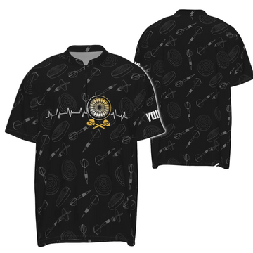 Heren Zwart Dart 1/4 Zip Shirt met Hartslagpatroon X823