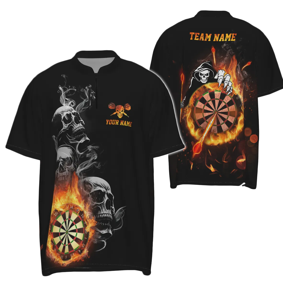 Heren Dartshirt met Vlammen en Doodshoofd R847