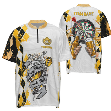 Heren Darts T-shirt met Bierprint en Ruitpatroon S49