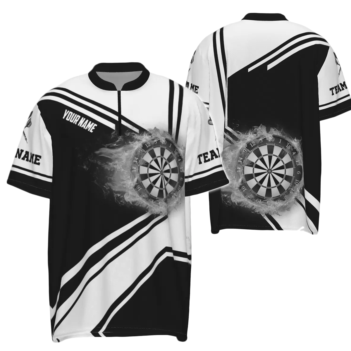 Heren Dart Zip Jersey met Zwart-Witte Vlam Dartbord H7289