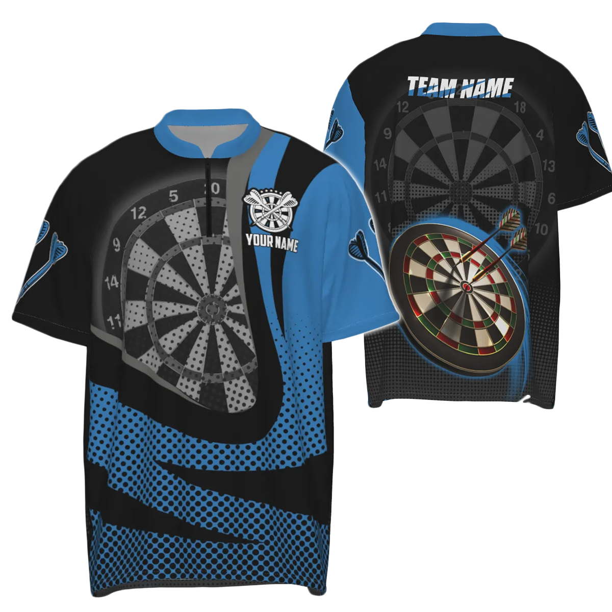 Heren 3D Darts Trui met Halve Rits in Zwart en Blauw x189