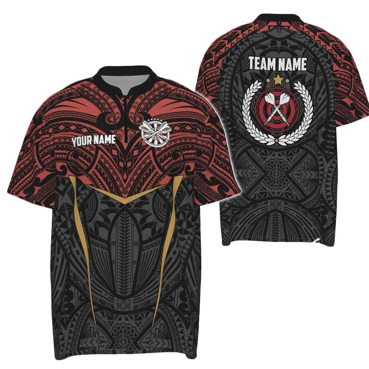 Heren Darts Trui met 1/4 Rits - Rood Geel Tribaalpatroon Y94