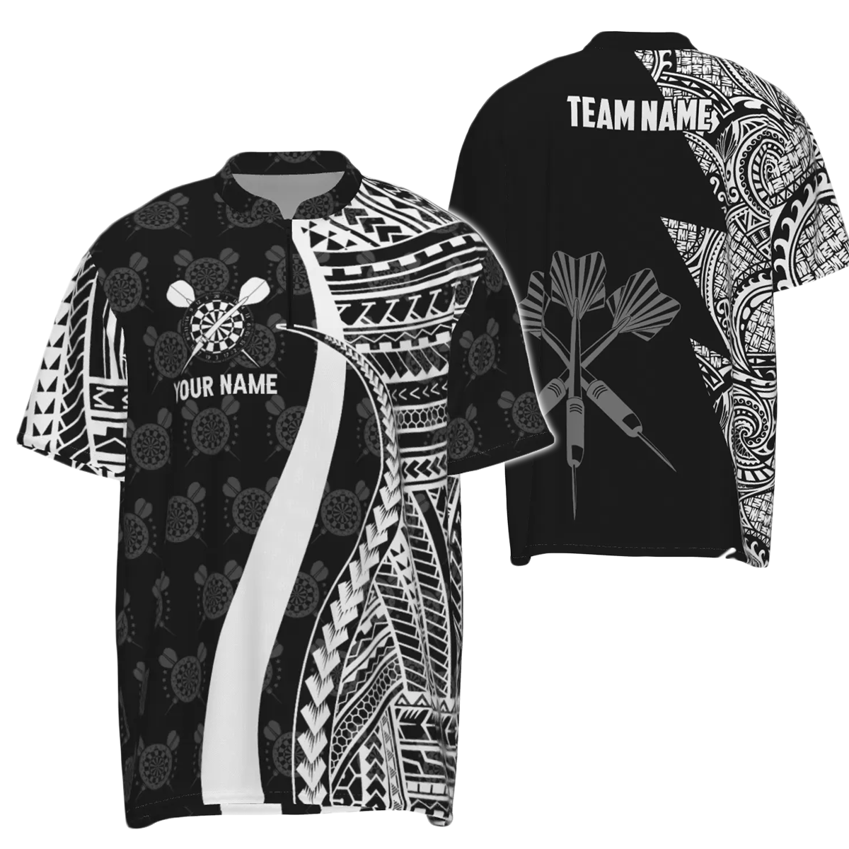 Heren Tribal Darts 1/4 Zip Shirt in Zwart en Wit Q442