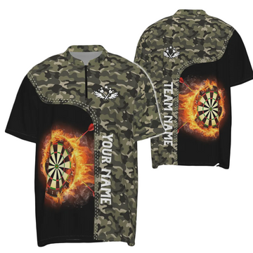 Heren Groen Camo Vlammen Dartbord 1/4 Zip Shirt Y479