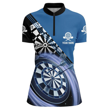 Dames Blauw Gedrukt Dart Kwart-Rit Jersey M759
