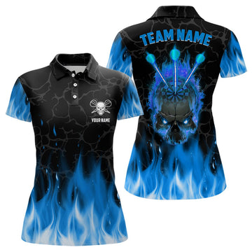 Dames Polo Shirt met Blauwe Vlammen en Skull L1422