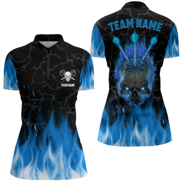 Dames Quarter Zip Shirt met Blauwe Vlam en Skull L1422