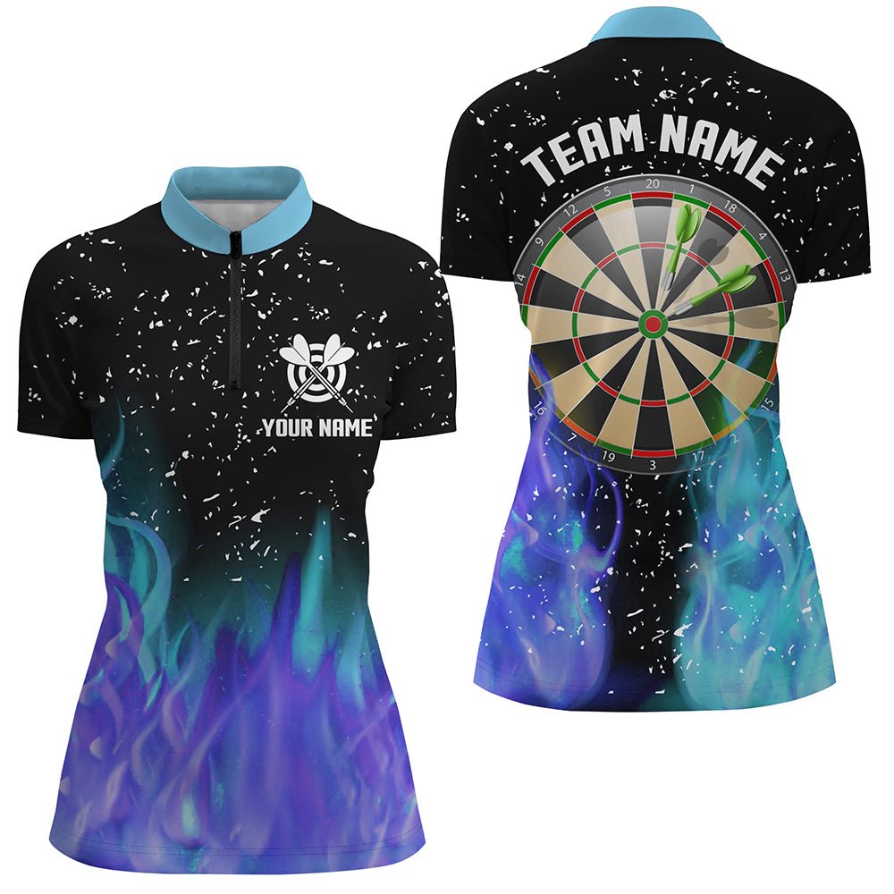 Dames T-shirt met Blauw en Paars Vlammenmotief - Kwart Rits T1212