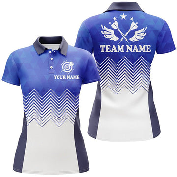 Dames Polo Jersey met Abstracte Blauwe en Witte Vleugelprint B410