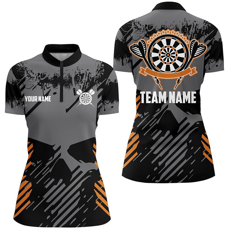 Dames Grijze Grunge Dartshirt met Oranje Skellet B42