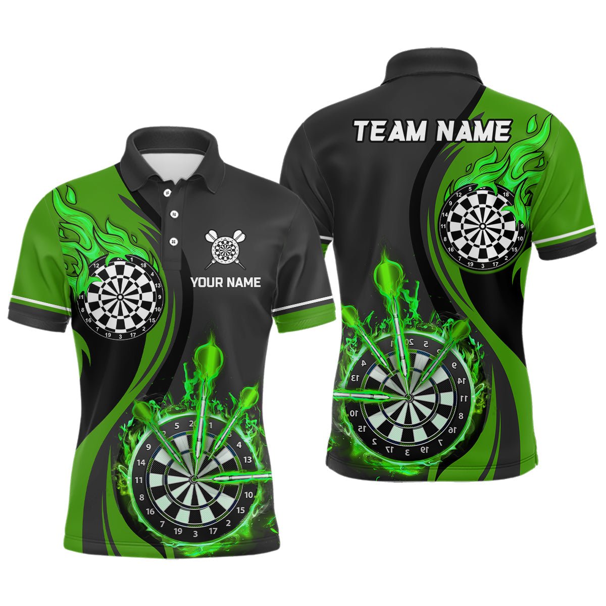 Heren Polo Shirt met Groene Vlammen - L1476