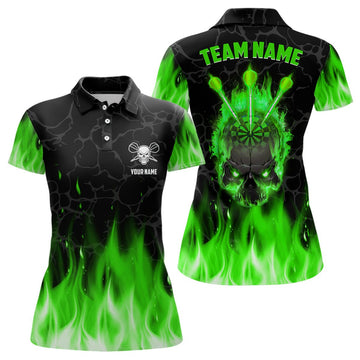 Dames Polo Shirt met Groene Vlam en Skull - L1423