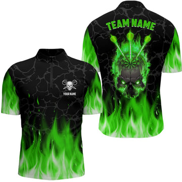 Groene Vlam Skulls Dartshirt met Rits voor Mannen L1423
