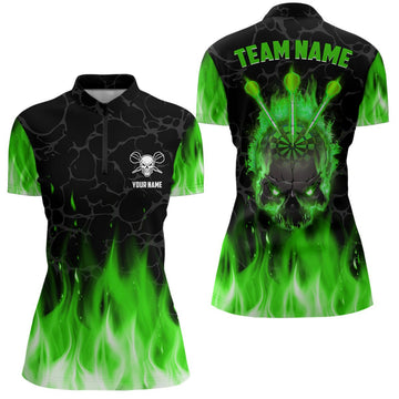 Dames Quarter Zip Shirt met Groene Vlam en Skull L1423